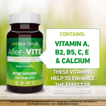 Basic Brands Aller Vite Nasal Support Tablets for Seasonal Allergy Relief, High Bioflavonoid Complex with Vitamins and Calcium, Gluten Free Daily Supplement, 100 Tablets Basic Brands buy supplements Au