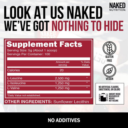 NAKED BCAAs Amino Acids Powder, Only 1 Ingredient, Pure 2:1:1 Formula, Vegan Unflavored Branched Chain Amino Acids, Instantized All Natural BCAA Supplement - 500 Grams, 100 Servings