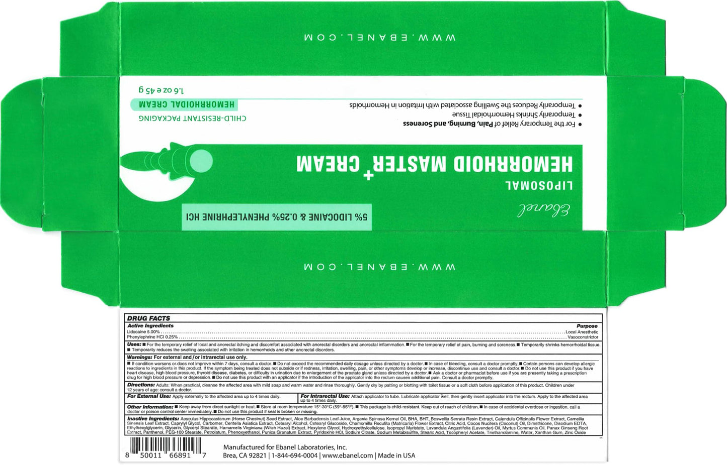 Ebanel 5% Lidocaine Hemorrhoid Treatment Cream with Witch Hazel, Phenylephrine, Horse Chestnut, Vitamin B6, Zinc Oxide, External and Internal Hemorrhoids Treatment Burn Itch Pain Relief Anal Cream
