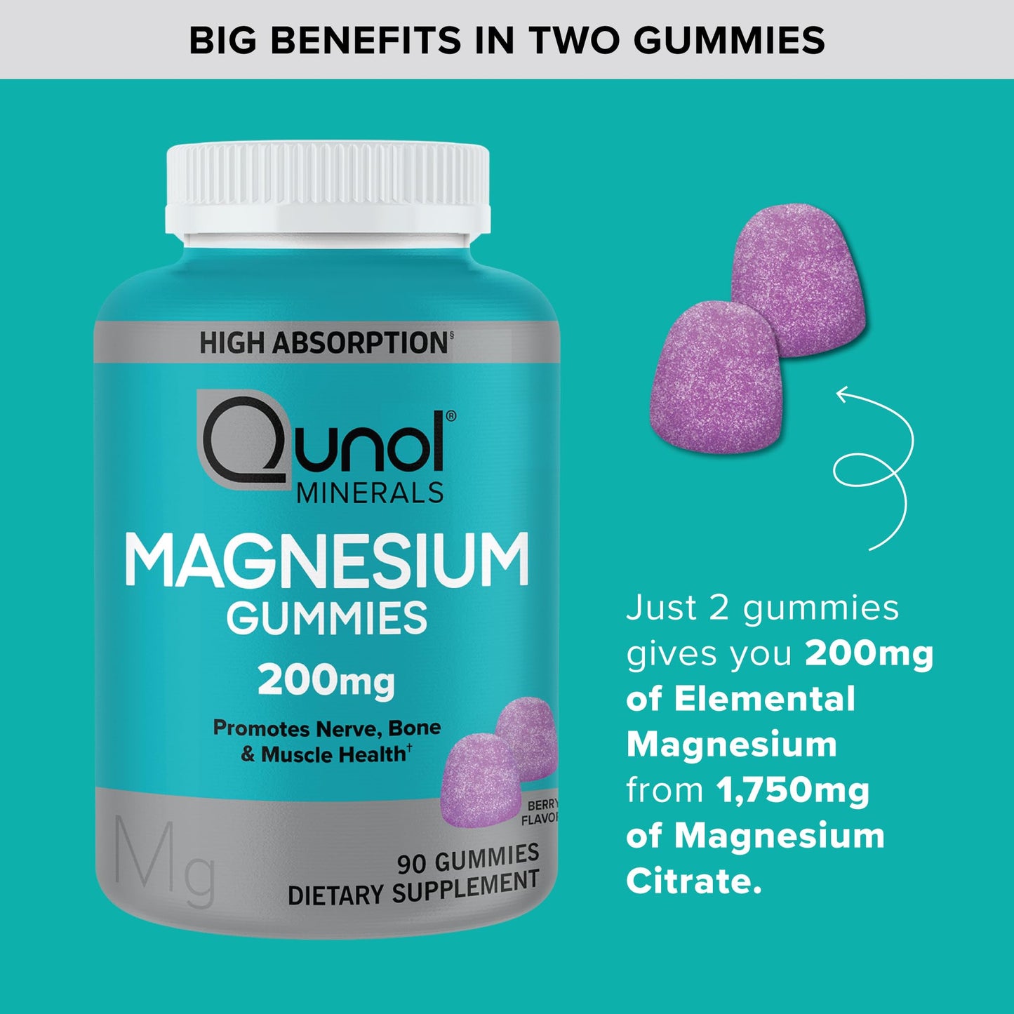Qunol Magnesium Gummies for Adults, 200mg Elemental Magnesium (from 1,750mg Magnesium Citrate), High Absorption Magnesium Supplement, Supports Nerve,