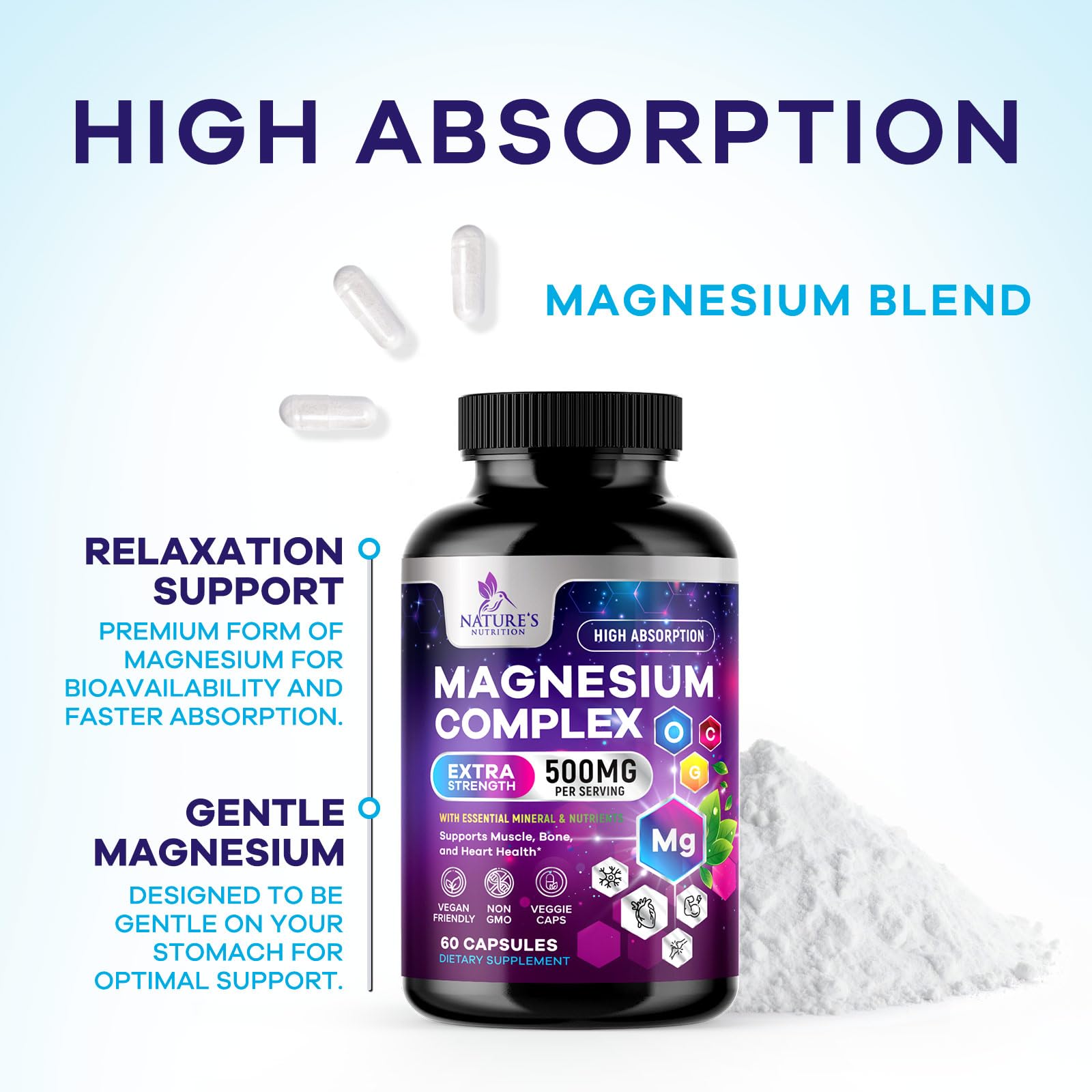 Magnesium Complex Supplement - Magnesium 500 mg Per Serving - 4 in 1 High Absorption Blend - 100% Chelated Magnesium Glycinate with Malate, Citrate & Oxide - Vegan Complex - USA Bottled - 60 Capsules Nature's Nutrition buy supplements Au