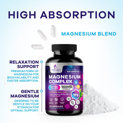 Magnesium Complex Supplement - Magnesium 500 mg Per Serving - 4 in 1 High Absorption Blend - 100% Chelated Magnesium Glycinate with Malate, Citrate & Oxide - Vegan Complex - USA Bottled - 60 Capsules Nature's Nutrition buy supplements Au