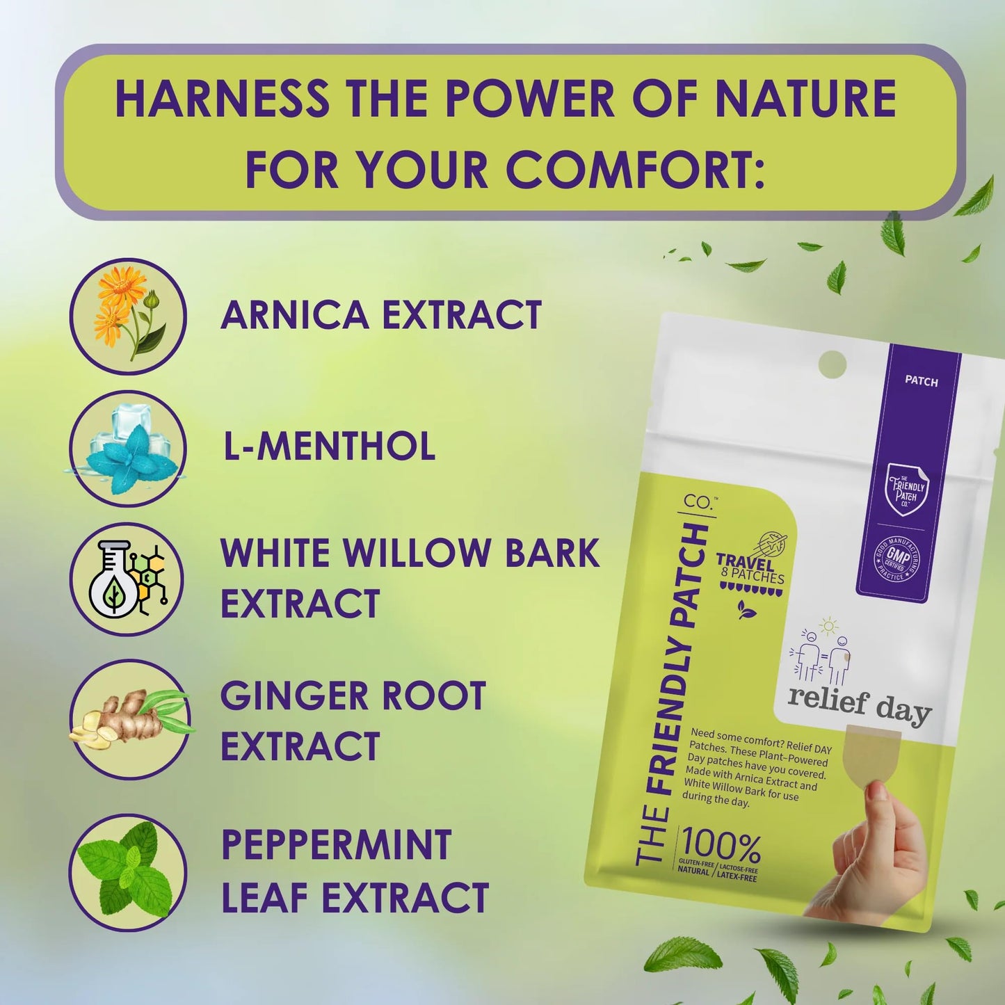 Relief Day Patch - Arnica, White Willow Bark, Saffron & Peppermint for Soreness and discomfort for Women and Men The Friendly Patch CO.Buy Supplements Australia