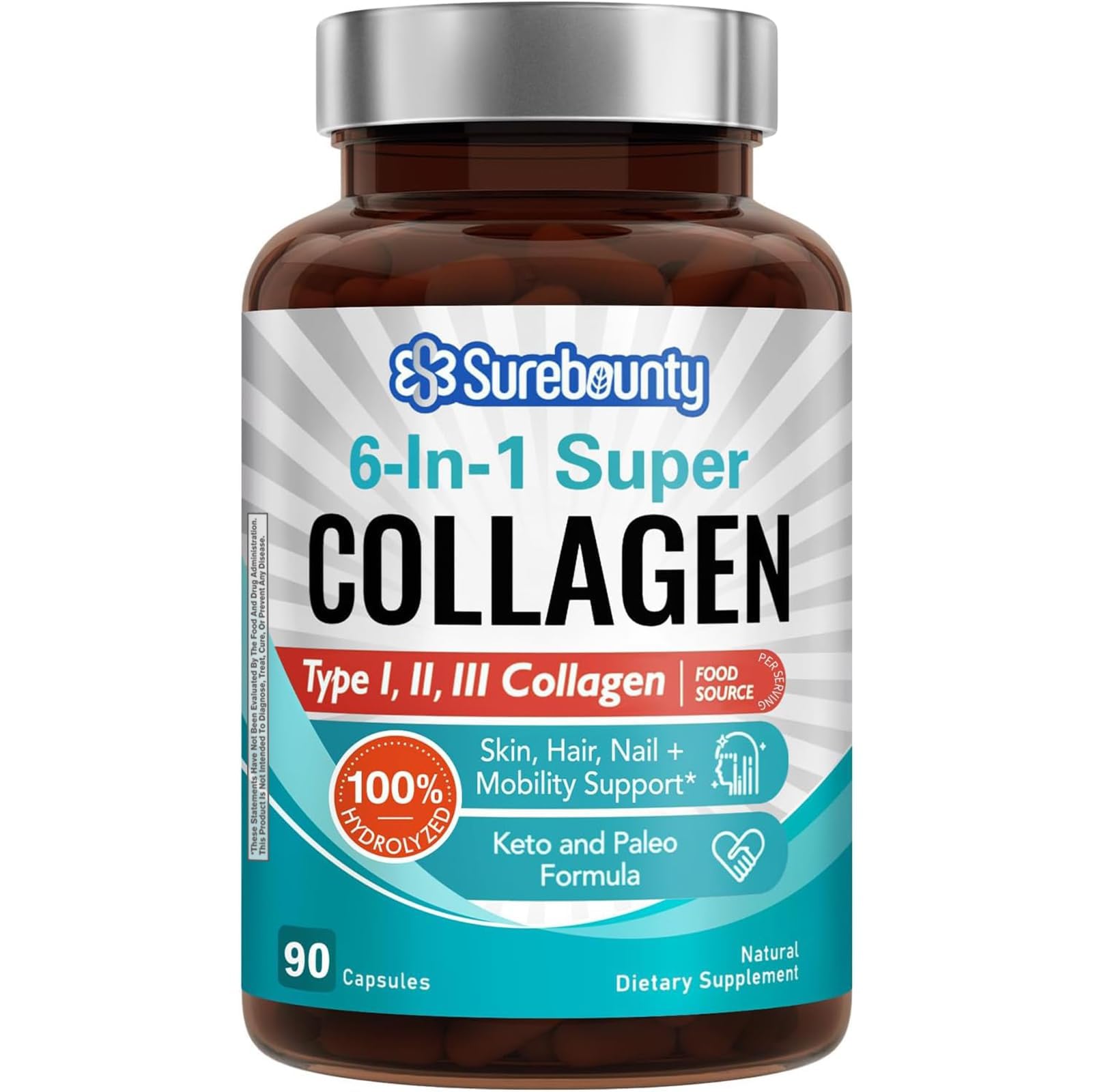 Surebounty Multi Collagen Complex, Type I, II, III, 6-in-1 Super Collagen with Vitamin C, Hyaluronic Acid, Biotin, Turmeric, Black Pepper, Keto, 90 Capsules Surebounty buy supplements Au
