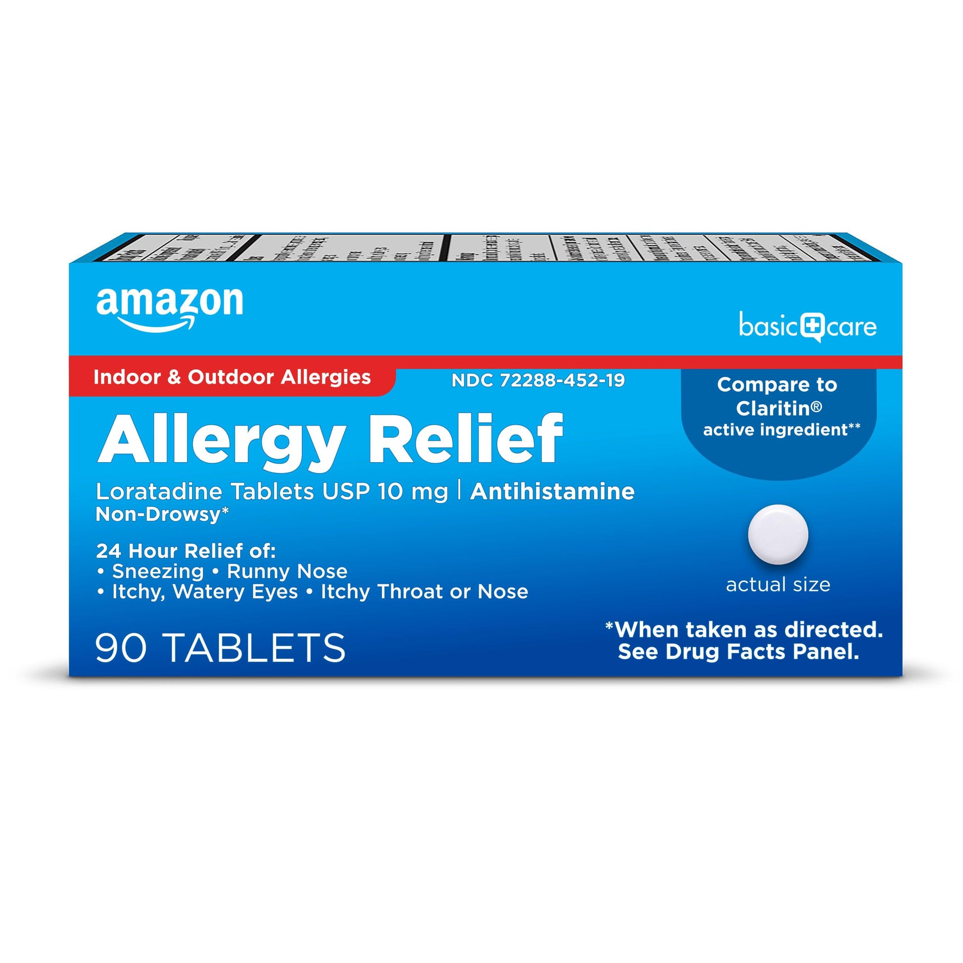 Amazon Basic Care Allergy Relief medication box on a white background