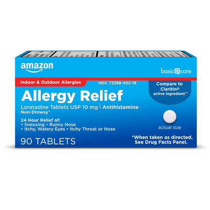 Amazon Basic Care Allergy Relief medication box on a white background