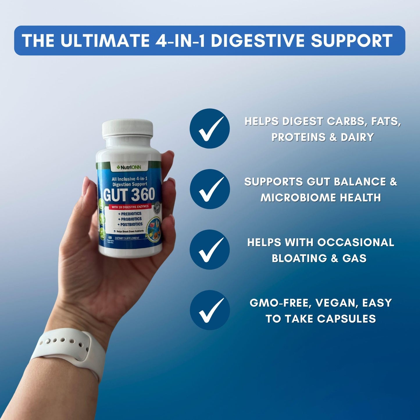 4-in-1 Probiotics, Prebiotics & Postbiotics with 18 Digestive Enzymes for Women & Men - Complete Gut & Digestive Support Supplement