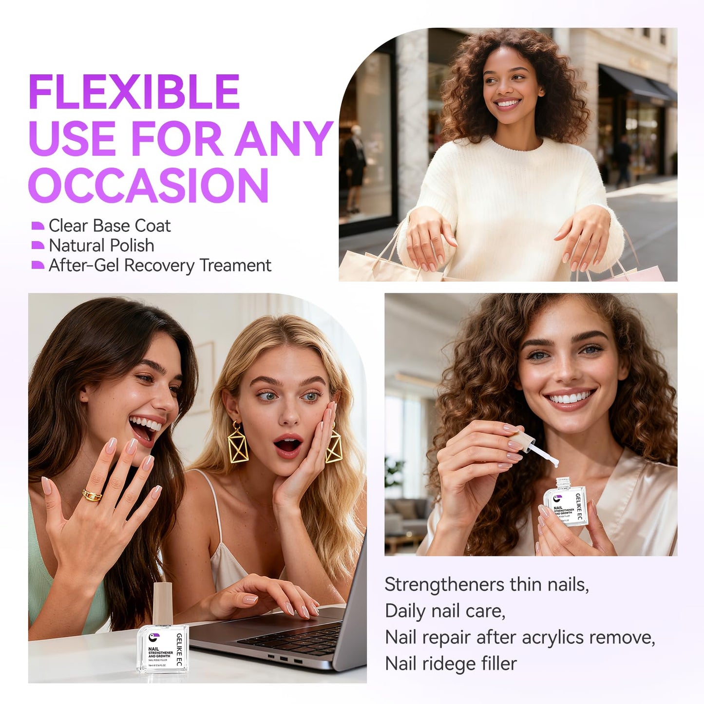 Gelike EC Nail Strengthener and Hardener Polish: Clear Fast Dry Nail Growth Treatment Ridge Filler for Peeling and Weak Nails Long Lasting