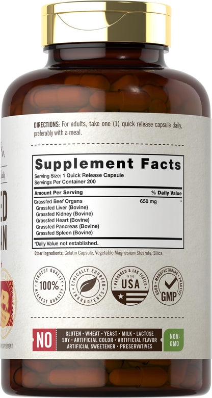 Carlyle Grass Fed Beef Organ Complex | 200 Capsules | Pasture Raised, Grain Free Supplement | with Desiccated Liver, Kidney, Pancreas, Heart, Spleen