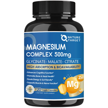 Supplement bottle labeled 'Magnesium Complex 500mg' by Nature Target on a white background