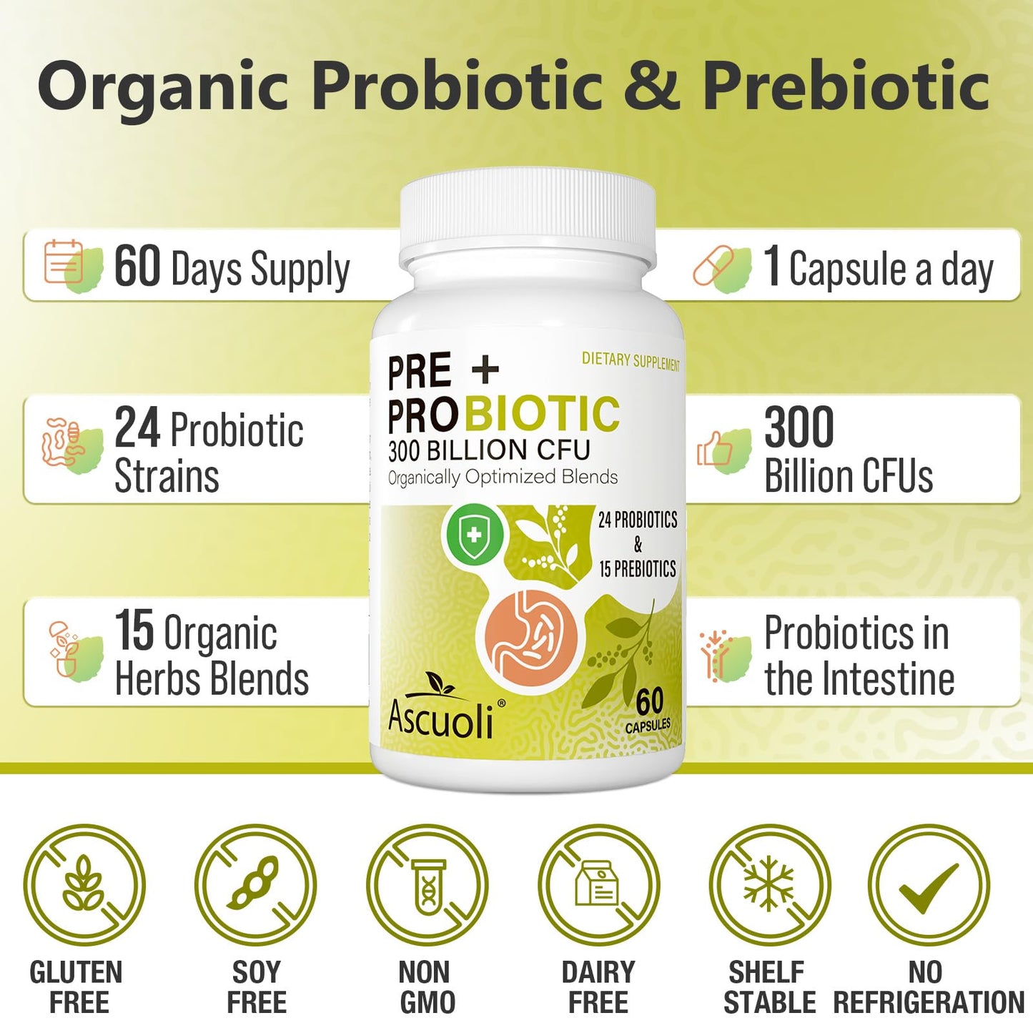 Ascuoli Probiotics for Women & Men - 300 Billion CFU, 24 Strains Probiotics + 15 Organic Herbs Blend, Daily Probiotic for Digestive Health,