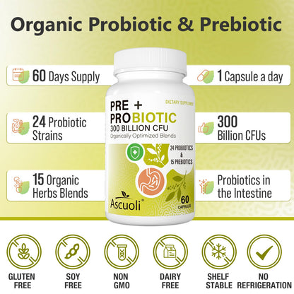 Probiotics for Women & Men - 300 Billion CFU, 24 Strains + 15 Organic Herbs Prebiotics Blend, Daily Probiotic for Digestive Health, Immune, Gut, Bloating
