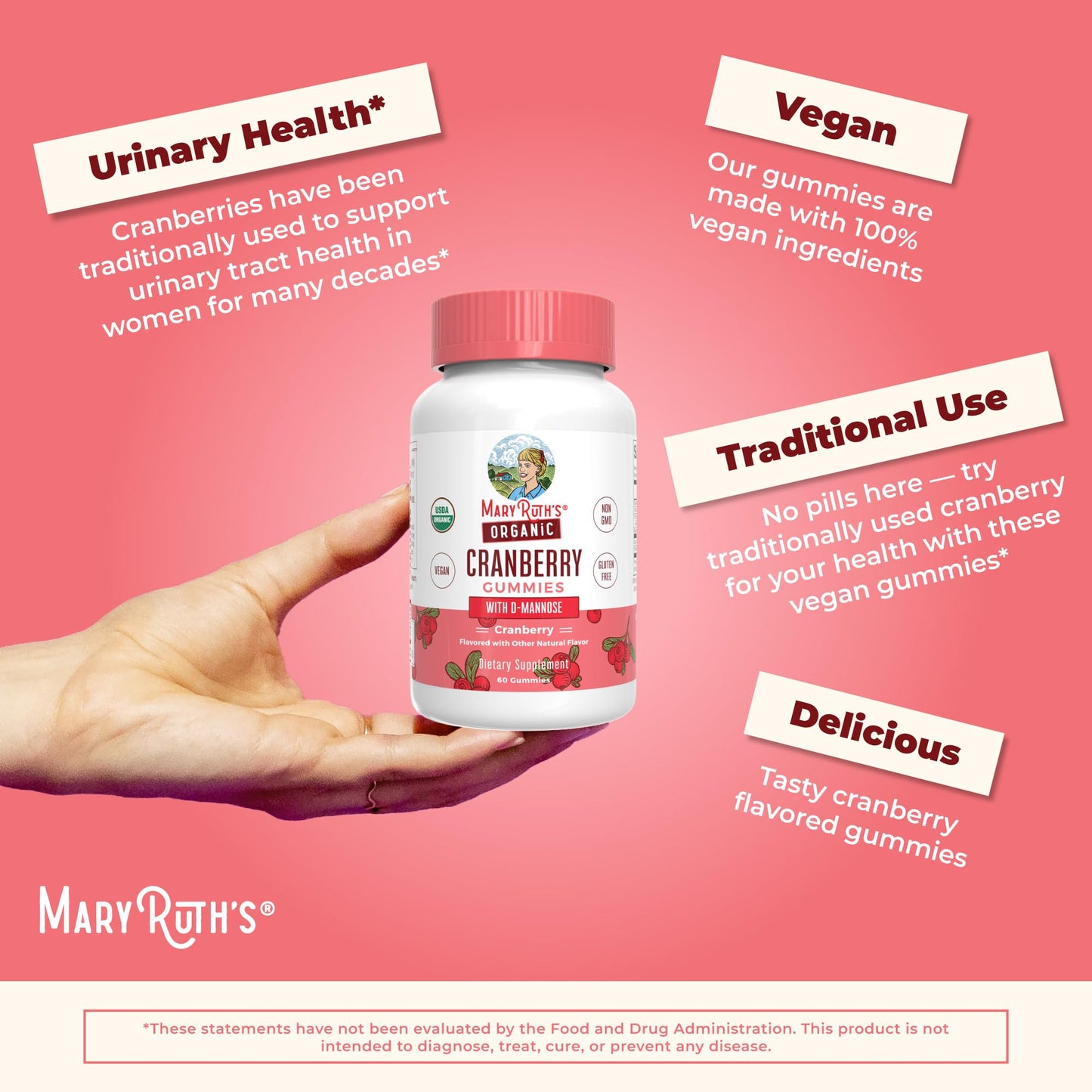 MaryRuth Organics Organic Cranberry Gummies - 500mg Supplement | Urinary Tract Health for Women | with D Mannose | Traditional Use