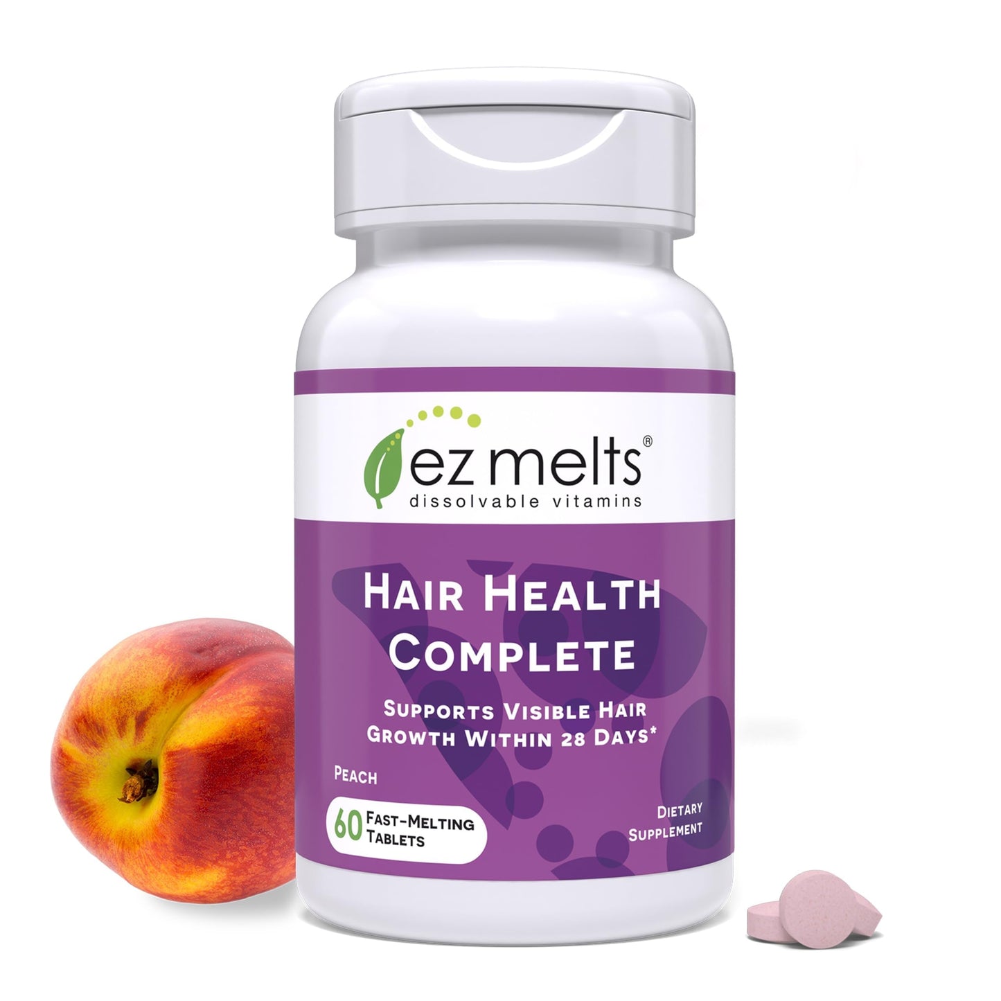 Vitamin supplement bottle labeled 'Hair Health Complete' by ez melts with a peach and a tablet on a white background.