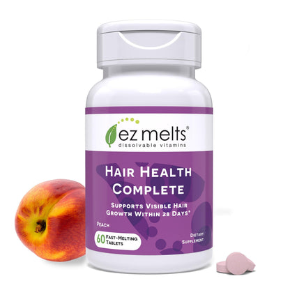 Vitamin supplement bottle labeled 'Hair Health Complete' by ez melts with a peach and a tablet on a white background.