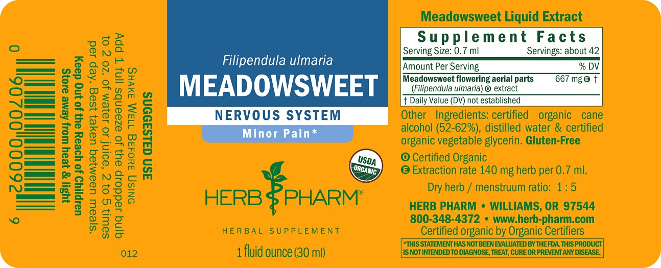 Herb Pharm Certified Organic Meadowsweet Liquid Extract for Minor Pain - 1 Ounce (DMEAD01) Herb PharmBuy Supplements Australia