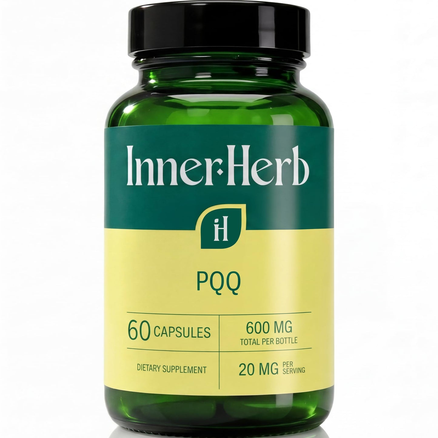 Green supplement bottle labeled 'Inner Herb' on a white background