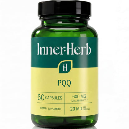 Green supplement bottle labeled 'Inner Herb' on a white background
