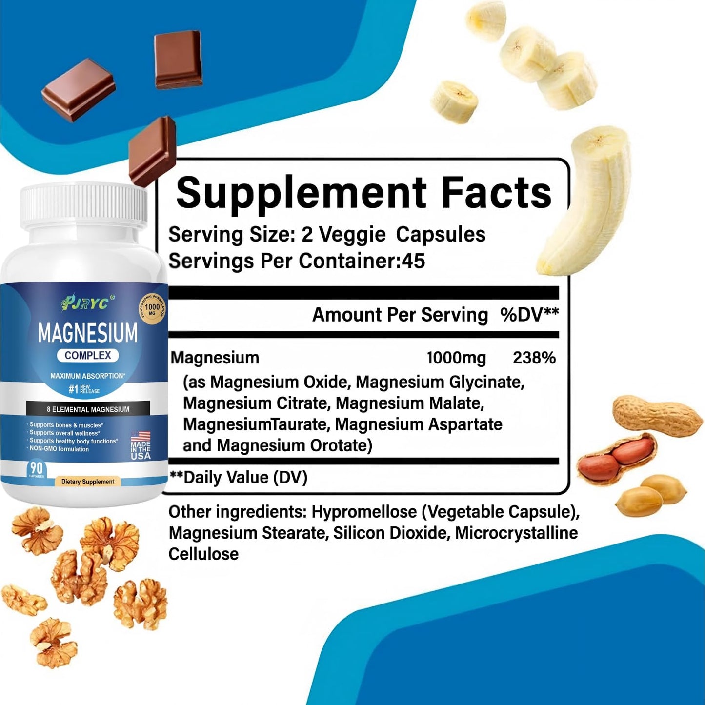 Magnesium Complex Supplement - 1000mg with 8 Magnesium Forms: Glycinate, Citrate, Malate, Taurate & Orotate - Supports Muscle Function, Bone Strength & Relaxation - Vegan, Non-GMO - 180 Capsules PJRYC buy supplements Au