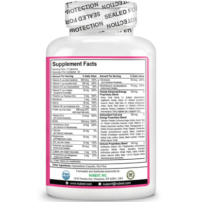 Multivitamin for Women with 39 Key Nutrients, Essential Vitamins, Minerals, Horny Goat Weed, Maca, Wild Yam, Red Clover, Cranberry, Arginine, Herbal Supplement | 60 Vegan Capsules | 1 Month Supply NuBest buy supplements Au