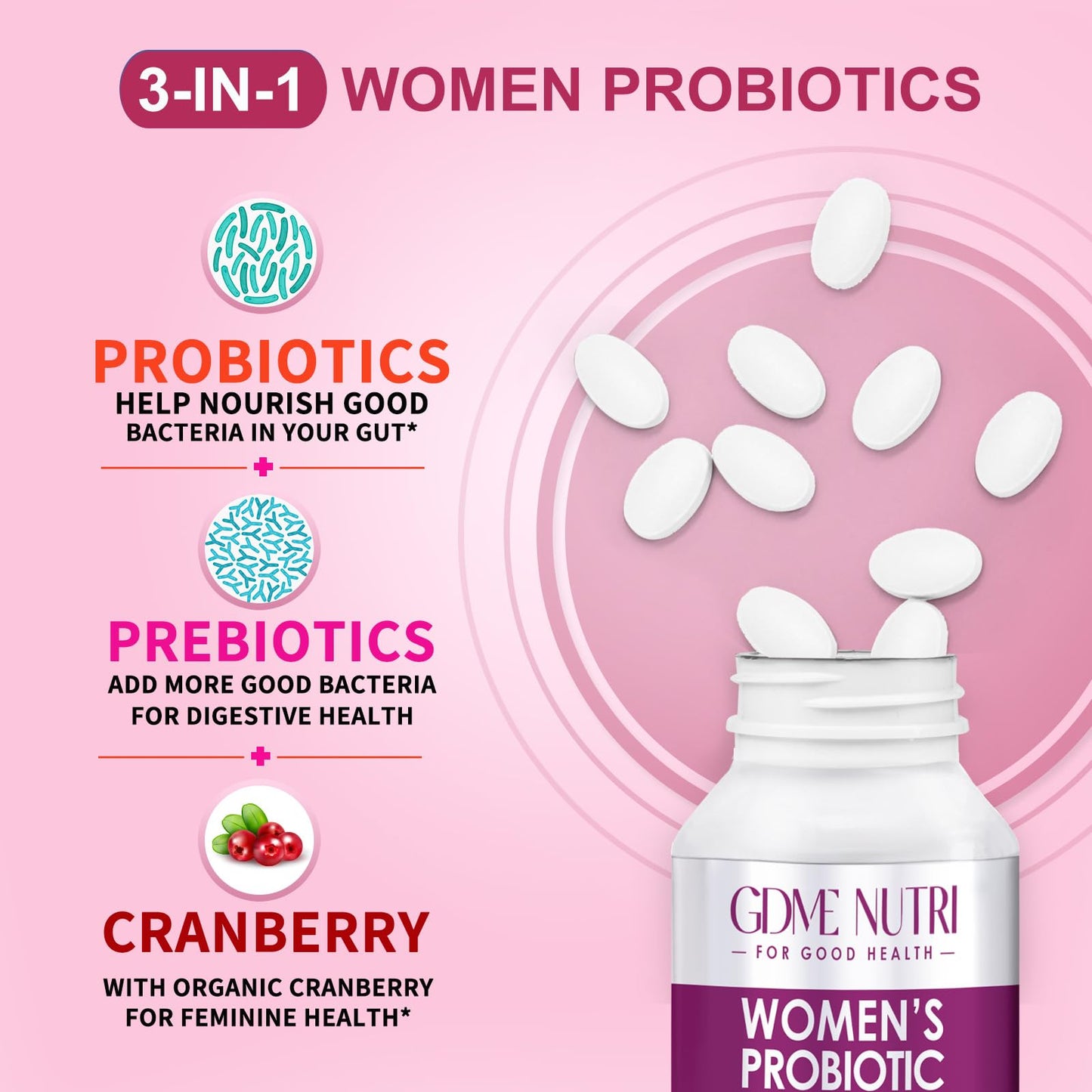GDMENUTRI Women's Probiotics, 120 Tablets 120 Billion CFU 18 Strains, Contains Organic Prebiotic Cranberry, Probiotic Supplement for Digestion,
