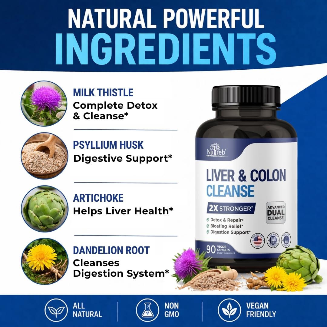 Nutreb Liver & Colon Cleanse - 2X Stronger - Liver Cleanse Detox & Repair - Colon Cleanser & Detox - Premium Milk Thistle Supplement