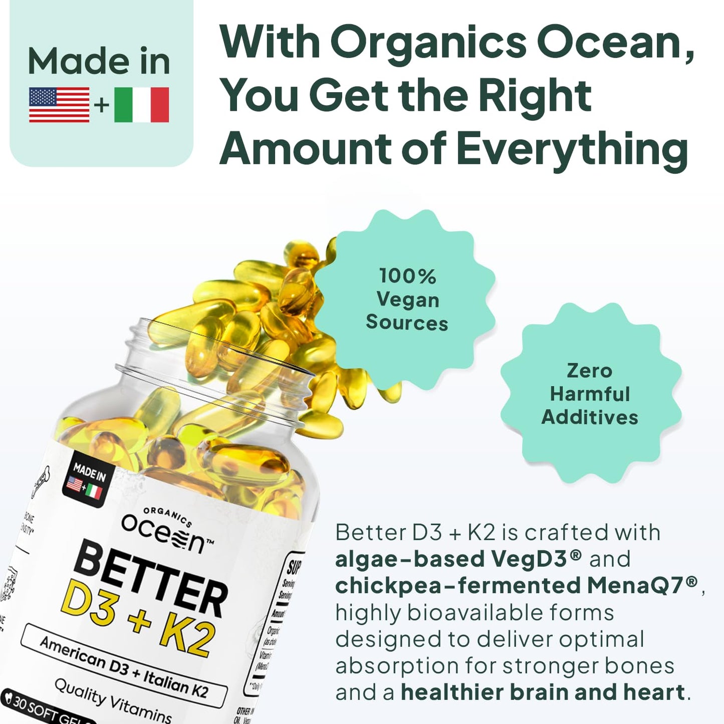 Organics Ocean Better D3 + K2-100% Organic VIT D3 and K2 Supplements with Maximum Bioavailability - Supports Bone Density, Calcium Balance, Immunity & Mood - 1-Pack, 30-Day Supply Organics Ocean buy supplements Au