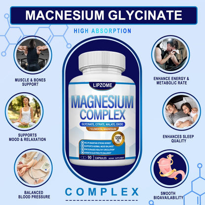 Magnesium Complex Supplement 1200mg - Advanced 7-in-1 Magnesium Blend - Glycinate, Citrate, Malate, Taurate, Oxide, Aspartate, Orotate – High Absorption Formula – Non-GMO, 90 Capsules Lipzome buy supplements Au