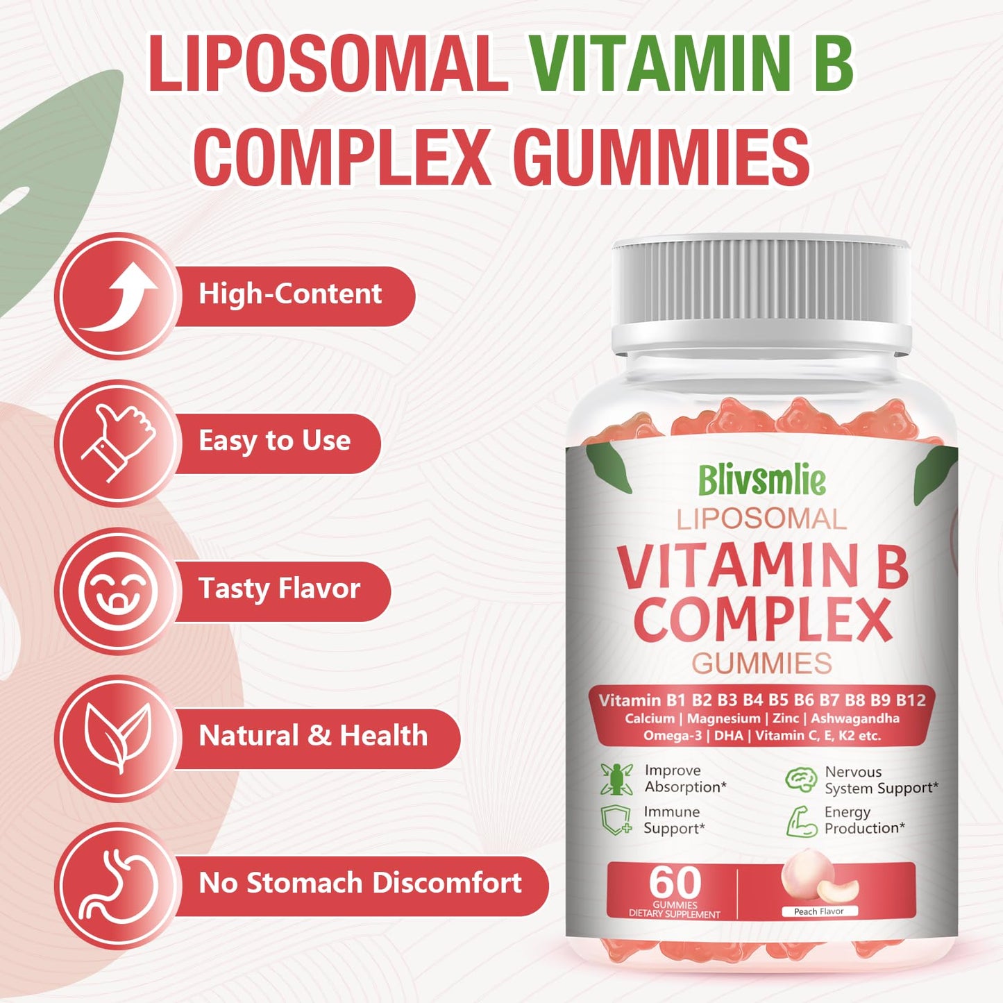 Blivsmlie 2 Pack 33-in-1 Liposomal Vitamin B Complex Gummies -B1, B2, B3, B4, B5, B6, B7, B8, B9,B12 | Vitamin C, D3,K2|Calcium,Magnesiun,Zinc etc.for Energy