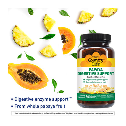 Country Life Chewable Papaya Enzymes for Digestion Support - Natural Pineapple & Papaya Flavor, Assists with Nutrient Absorption