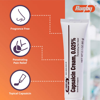 Rugby Capsaicin 0.025% Cream for Penetrating Pain Relief - 2.1 Oz (60g) (6 Pack) RUGBY LABORATORIESBuy Supplements Australia