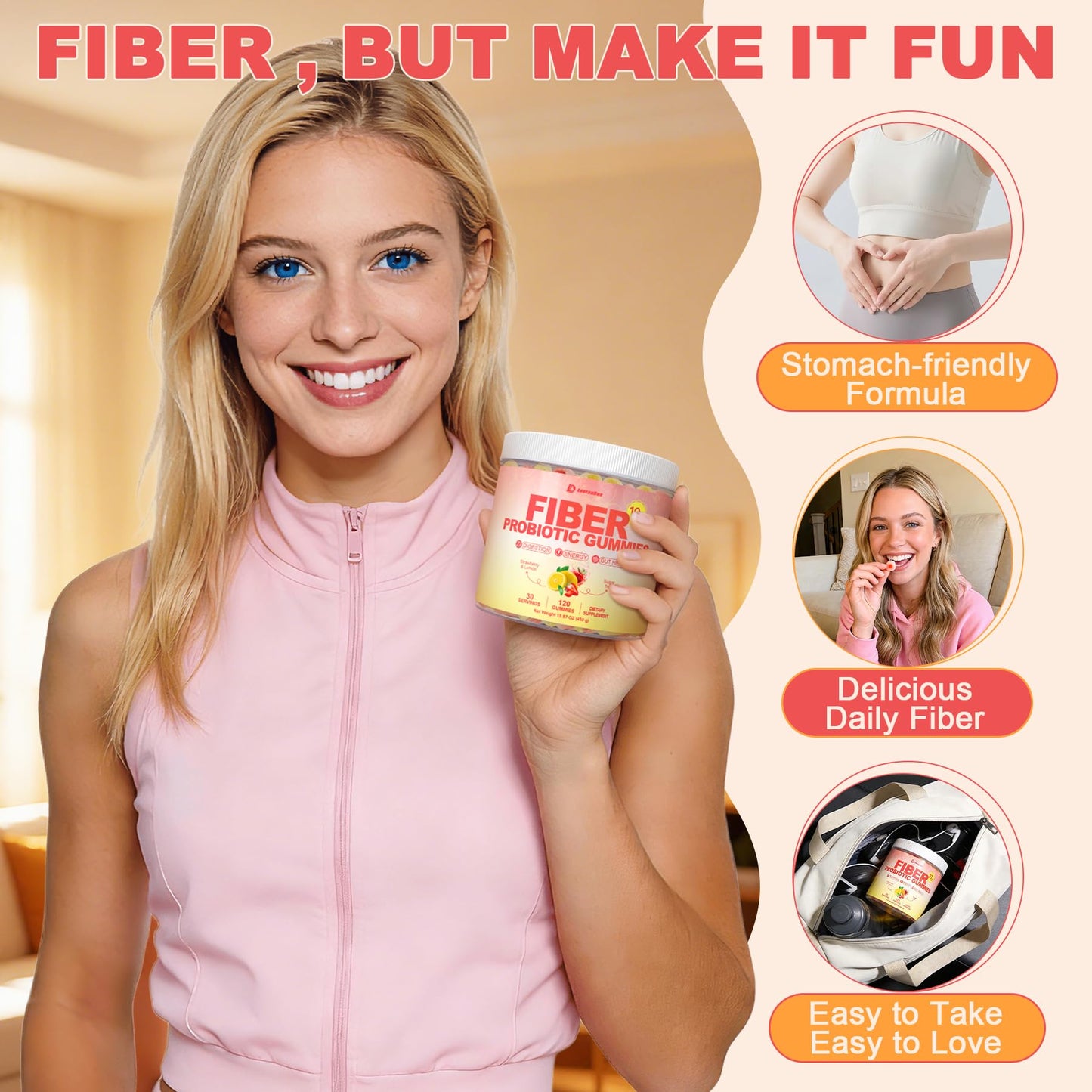 10g Fiber Gummies for Adults with Probiotics, Sugar Free Fiber Supplement with Organic Super Greens & Digestive Enzymes, Supports Gut Health,
