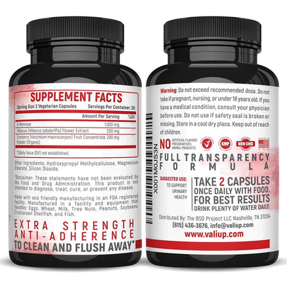 VALI D-Mannose 1000mg Urinary Tract Health Formula. Organic Cranberry Fruit Powder & Hibiscus. Healthy Bladder, Natural Cleanse, Fast Detox Flush, Herbal UT Function Support Pills. 60 Veggie Capsules VALIBuy Supplements Australia