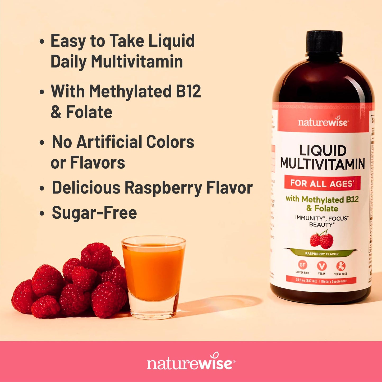 NatureWise Liquid Multivitamin for Women, Men of All Ages - Sugar Free, Vegan - Vitamins for Energy Levels, Beauty, Immune Health with Methylated B12 & Folate - Non-GMO - 30 fl oz(887 mL) NatureWiseBuy Supplements Australia
