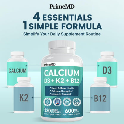 4-in-1 Calcium Supplements for Women & Men - Calcium Citrate with D3 K2 Vitamin 5000 IU - Calcium 600mg with Vitamin D3 K2 - Everyday Vitality Supplement -