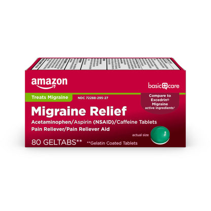 Amazon Basic Care Migraine Relief Geltabs, Pain Reliever, Acetaminophen 250 mg, Aspirin 250 mg (NSAID) and Caffeine 65 mg, Headache Relief, 80 Count Amazon Basic Care buy supplements Au