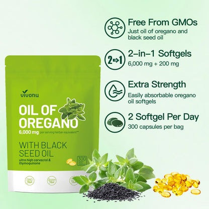 VivoNu Oil of Oregano with Black Seed Oil, Balanced Oil of Oregano Capsules, 300 Count Organic OreganoOil Softgels