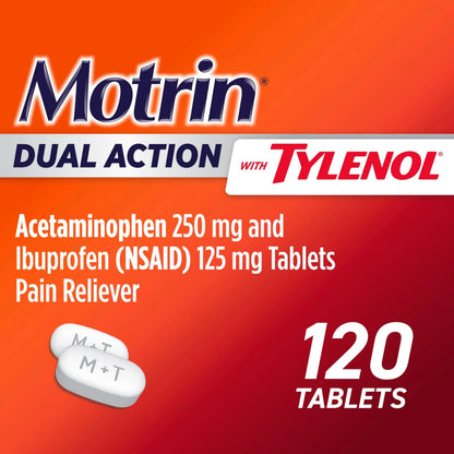 Motrin Dual Action with Tylenol, Ibuprofen & Acetaminophen Fast-Acting Dual Action Pain Reliever for Minor Aches & Pains, Ibuprofen (NSAID) 125 mg & Acetaminophen 250 mg, 120 ct MotrinBuy Supplements Australia