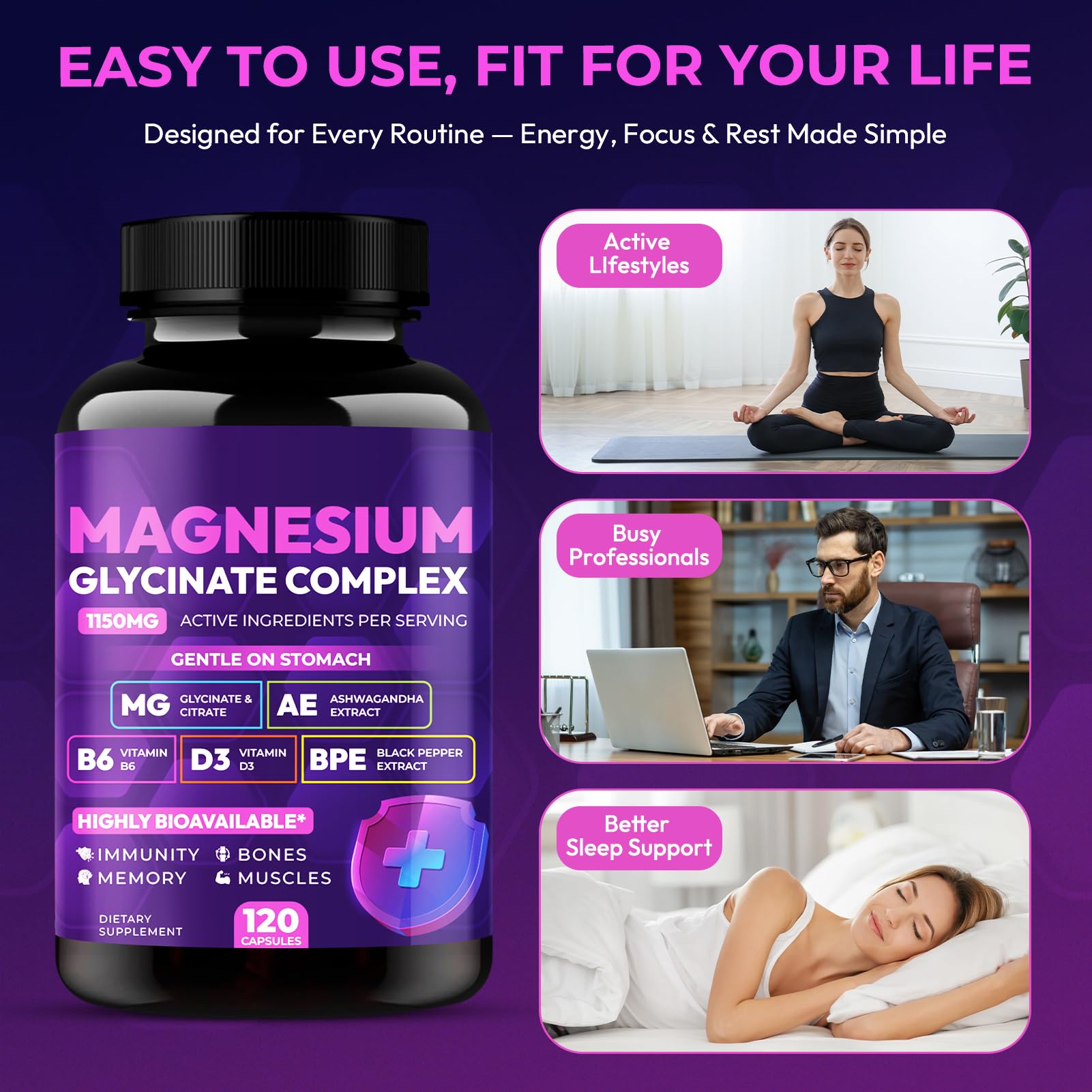 Magnesium Glycinate Complex 1150mg - Gentle on Stomach High Absorption Magnesium Capsules with Citrate, Silica, Ashwagandha & Vitamin B6 for Zzz, Stress Relief, Muscle Support for Adults, Women & Men Cytona buy supplements Au
