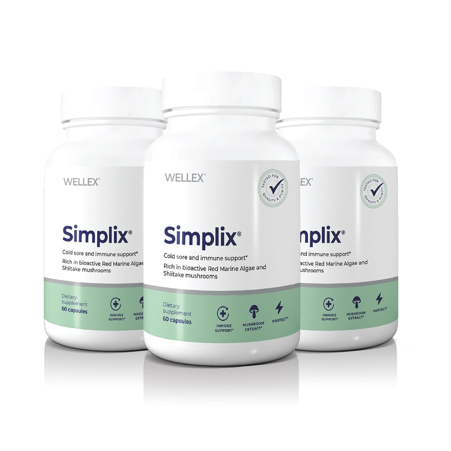 Three bottles of Simplix supplements from Wellex on a white background