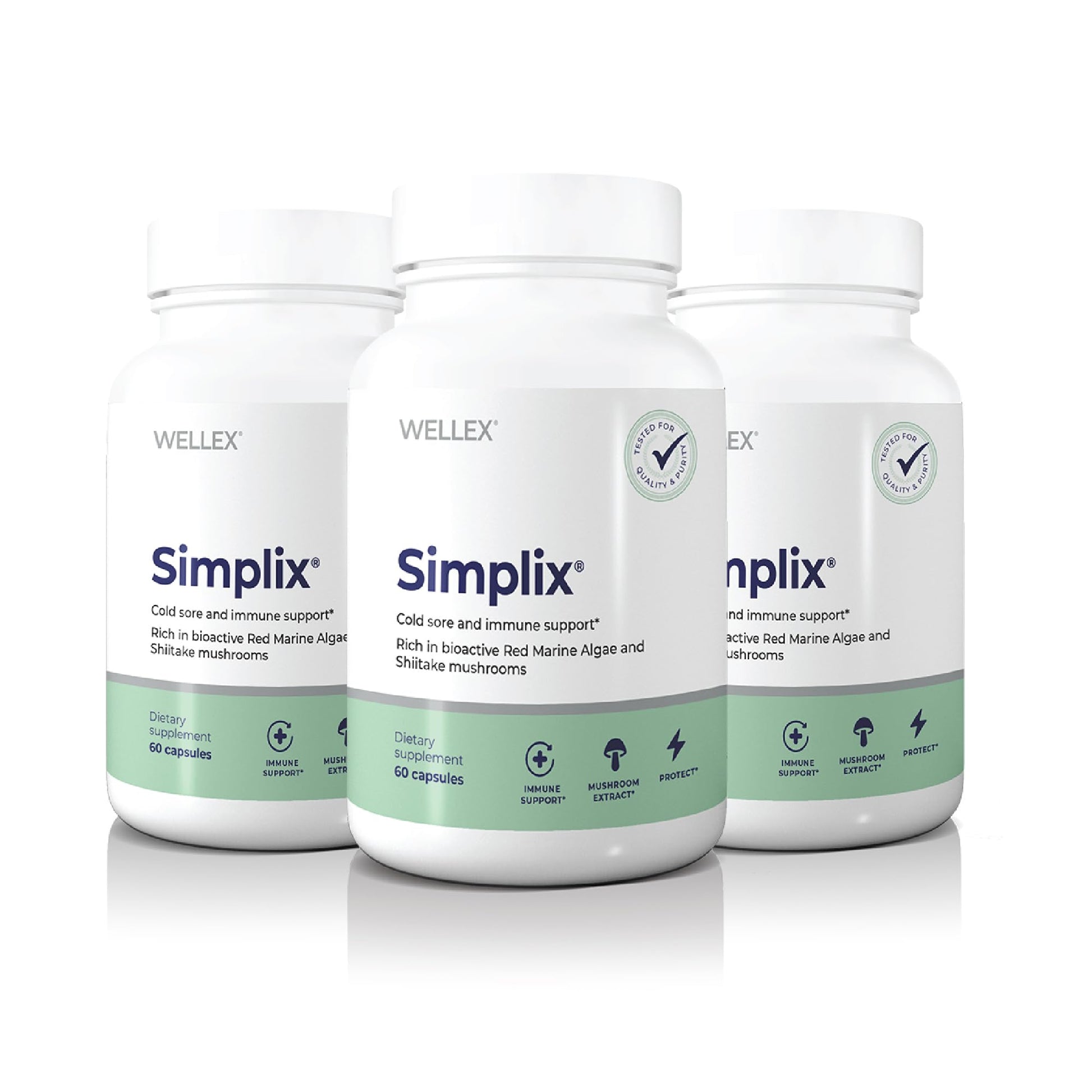 Three bottles of Simplix supplements from Wellex on a white background