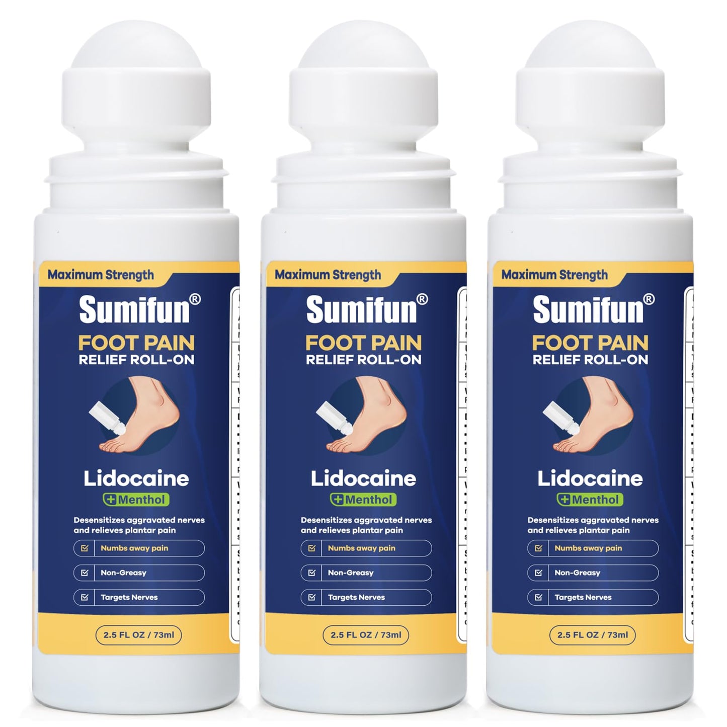 Sumifun Foot Pain Relief Lidocaine Roll-On - Maximum Strength OTC for Plantar Fasciitis & Heel Pain - Fast-Drying, Non-Greasy Formula, 2.5 Fl Oz * 3 SumifunBuy Supplements Australia