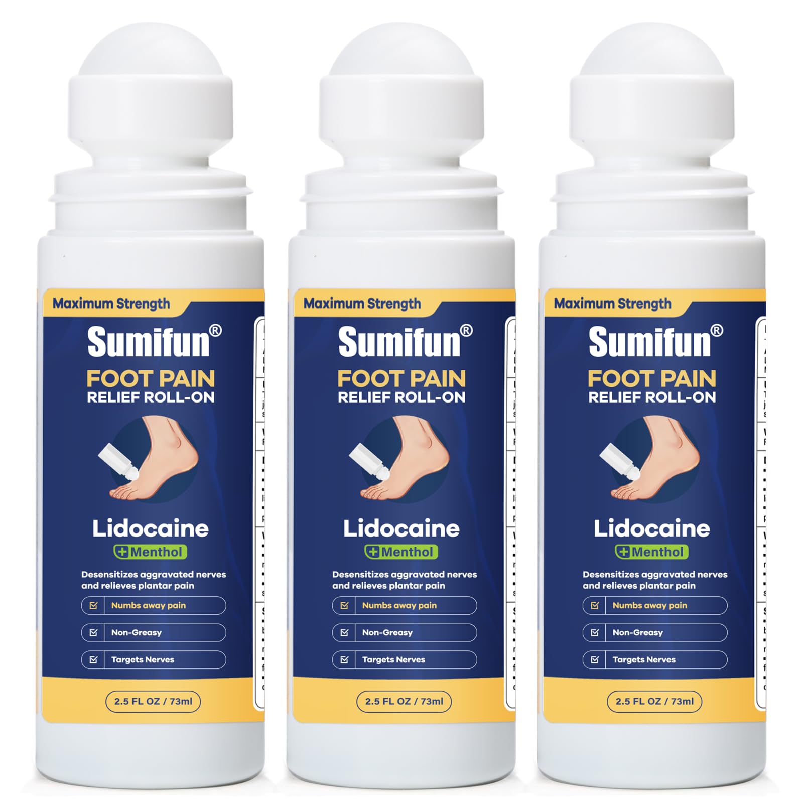 Sumifun Foot Pain Relief Lidocaine Roll-On - Maximum Strength OTC for Plantar Fasciitis & Heel Pain - Fast-Drying, Non-Greasy Formula, 2.5 Fl Oz * 3 SumifunBuy Supplements Australia