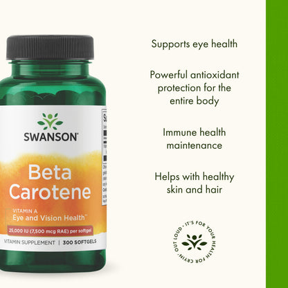 Swanson Beta-Carotene Vitamin A 25,000 IU Eye and Skin Health Supplement for Adults Seeking Vision and Immune Support - 7,500 mcg (300 Softgels) SwansonBuy Supplements Australia