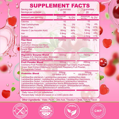 Fiber Gummies 7500mg, Probiotics & Digestive Enzymes, Sugar-Free, Vegan & Gluten-Free Supplement for Gut Health, Bloating Support & Regularity)