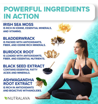 NUTRALAVA Sea Moss Pills, All-in-One Blend with Irish Sea Moss Black Seed Oil Ashwagandha, Sea Moss Capsules for Women and Men - Gluten-Free, Non-GMO, 60 Capsules NUTRALAVABuy Supplements Australia