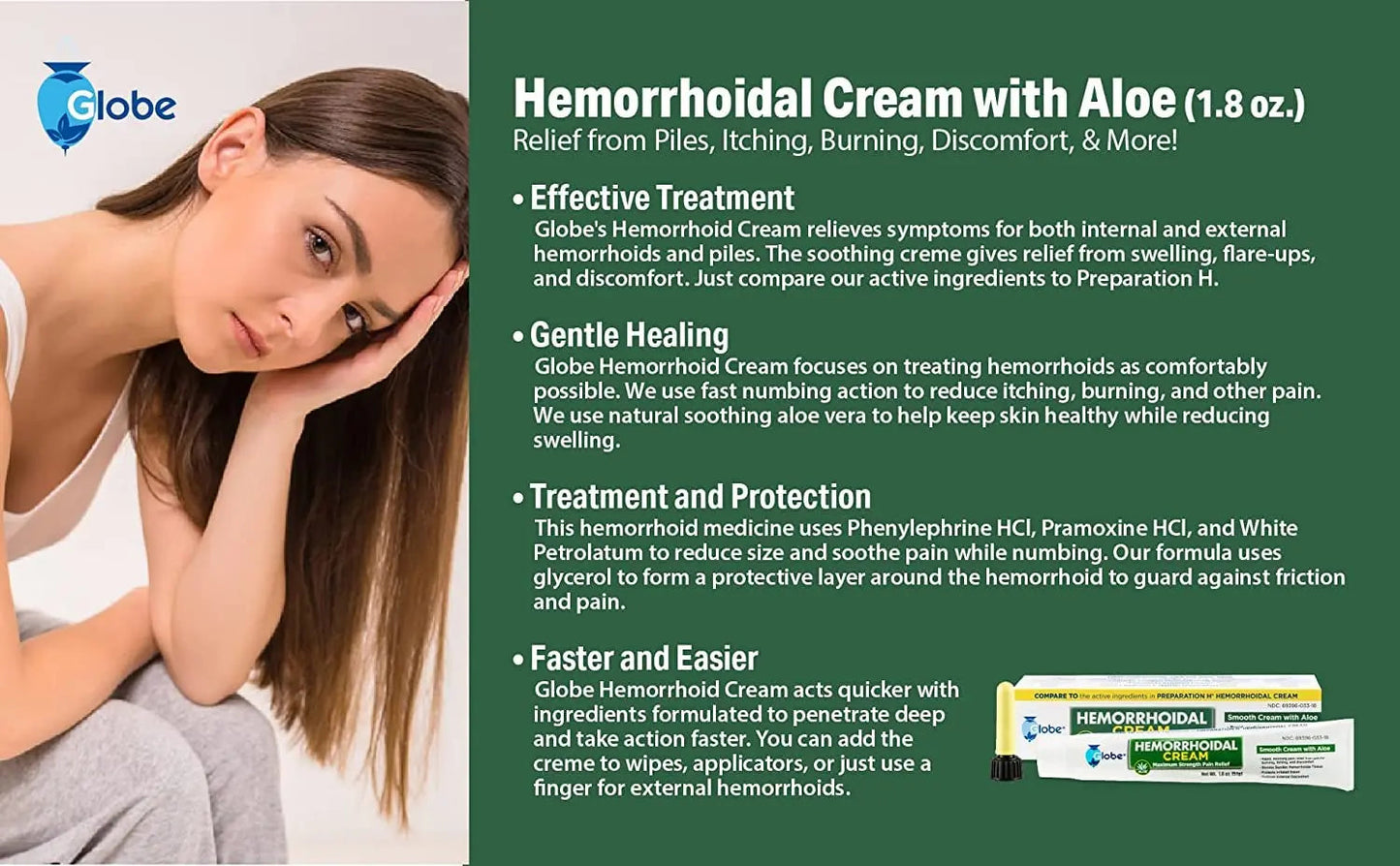 Globe Hemorrhoidal Cream, Phenylephrine HCl, Pramoxine with Aloe, Relief from Burning, Itching and Discomfort of Hemorrhoids, 1.8 Ounces GlobeBuy Supplements Australia
