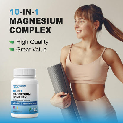 Puregen Labs 10 in 1 Magnesium Complex 500mg with B6-120 Veggie Capsules [High Absorption and Bioactivity] Non-GMO, NO Gluten and Dairy P Puregen Labs buy supplements Au