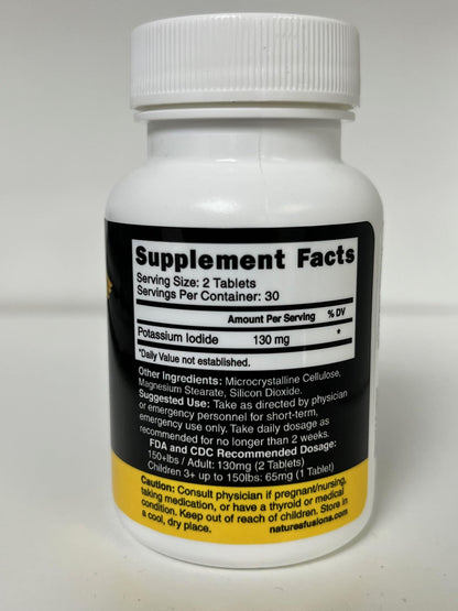 Potassium Iodide Tablets 130 mg - (60 Tablets) 10 Year Shelf-Life EXP 2034 to 2035 - Ki Pills - Yoduro de potasio - Nutri Supplements - 3rd Party Tested