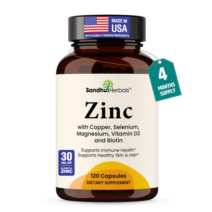 Zinc 30mg With Copper, Selenium & Vitamin D3 | 120 Capsules | Magnesium, Vitamin B6, Biotin | Absorbable Zink Supplements for Men & Women | Chelated Zinc